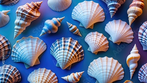 Variety of decorative sea shells in different shapes and patterns on a gradient blue background