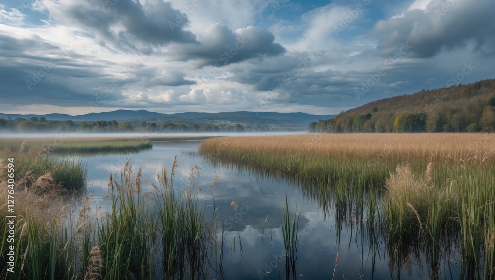 serene landscape with wetland grasses by a misty river under a cloudy sky in early autumn during golden hour serene landscape with wetland grasses by a misty river under a cloudy sky in early autumn during golden hour