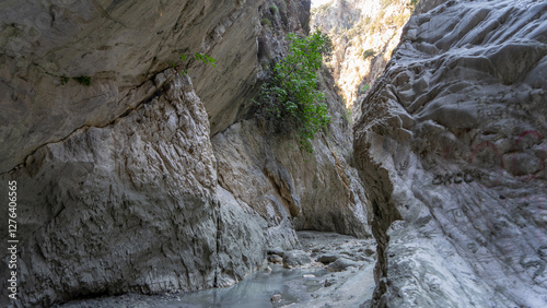 Stream in deepest narrow stone canyon Saklikent in national park in Mugla Province in southwestern Turkey