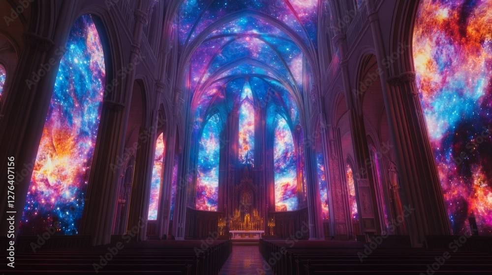 Obraz premium Cosmic Cathedral Interior; Vibrant Projected Skylight; Spiritual Space; Stock Image; Possible Use Religious, Inspirational