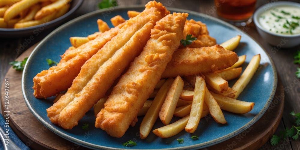 Battered fish fillets served with French fries and dipping sauce on a blue plate with parsley garnish Battered fish fillets served with French fries and dipping sauce on a blue plate with parsley garnish