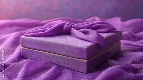 Purple gift box, silk cloth, studio, background blur, present photo