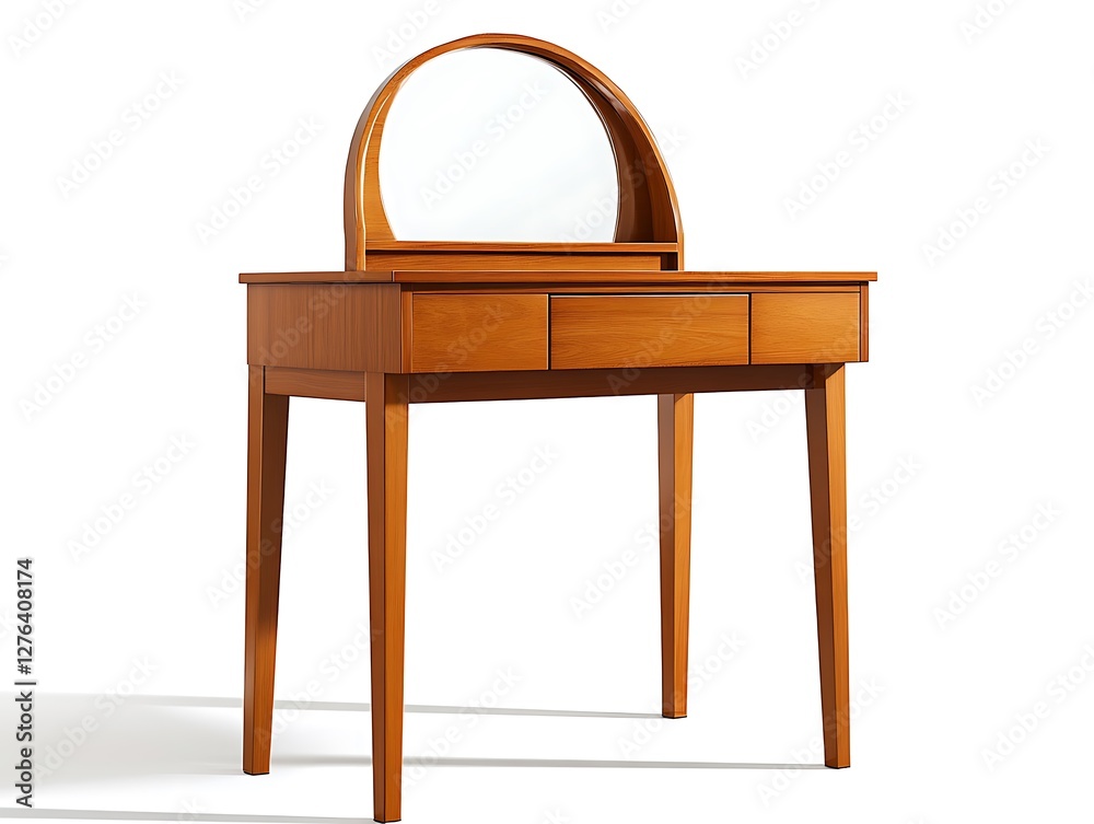 Wooden vanity table with sleek lines and ample surface space isolated white background