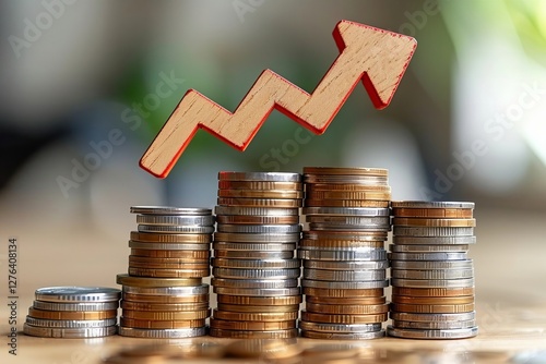Visualizing Financial Growth and Economic Progress through Interest Rate Increase, Inflation, High Prices, and Tax Rise: Wooden Cube Blocks and Arrow Sign above Stack of Coins