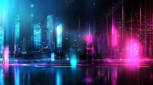 Wallpaper Mural Abstract Futuristic Cityscape with Neon Lights and Reflections in Blue and Pink Hues Torontodigital.ca