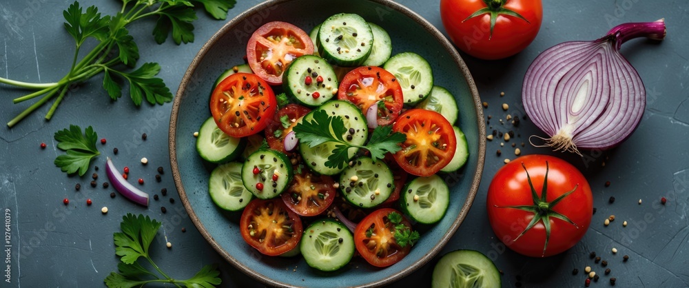 Fresh cucumber and tomato salad with red onion and herbs on a textured gray surface, featuring colorful vegetables and spices. Fresh cucumber and tomato salad with red onion and herbs on a textured gray surface, featuring colorful vegetables and spices.