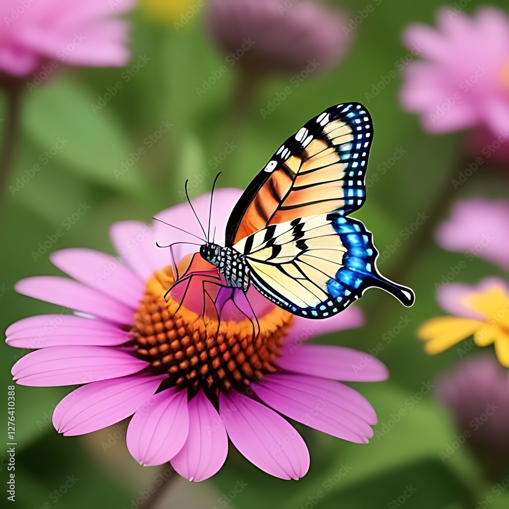 Naklejka premium Butterfly with vibrant wings resting on a delicate pink flower.