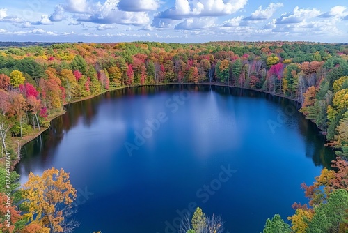 Title: Tranquil Reflection: Vibrant Autumn Foliage Tree Mirrored in Serene Lake Waters