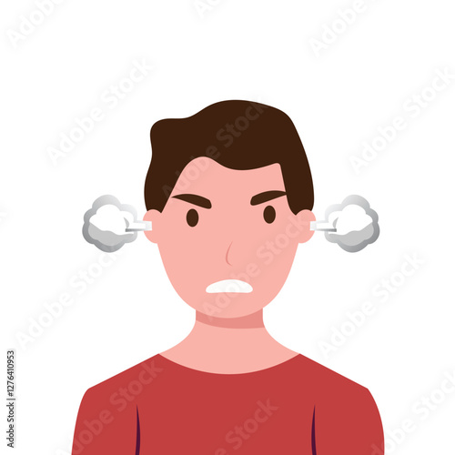 Angry screaming young man with steam coming out of his ears. Irritation, mad expression, frustration and negative emotion vector graphic illustration.