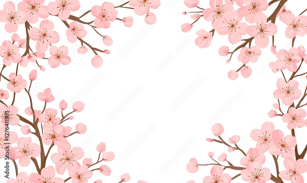 Beautiful Cherry Blossom Frame with Pink Flowers and Green Leaves Beautiful Cherry Blossom Frame with Pink Flowers and Green Leaves