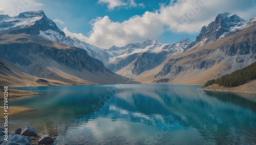 Mountain landscape with tranquil lake reflecting blue sky and clouds surrounded by rugged snow-capped peaks and dry terrain.