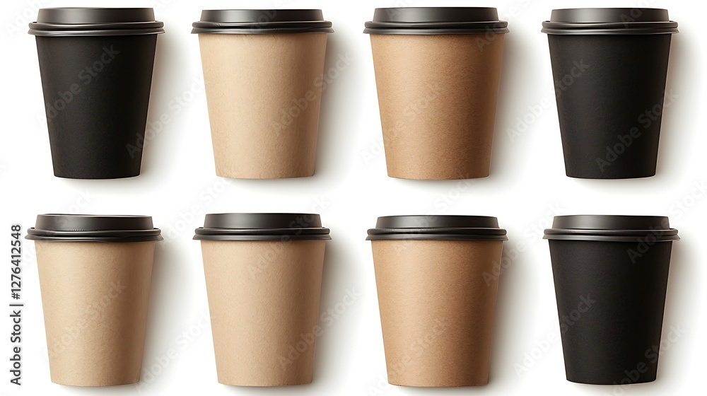 Assorted Coffee Cups in Black and Brown Simple Design on White Background Assorted Coffee Cups in Black and Brown Simple Design on White Background