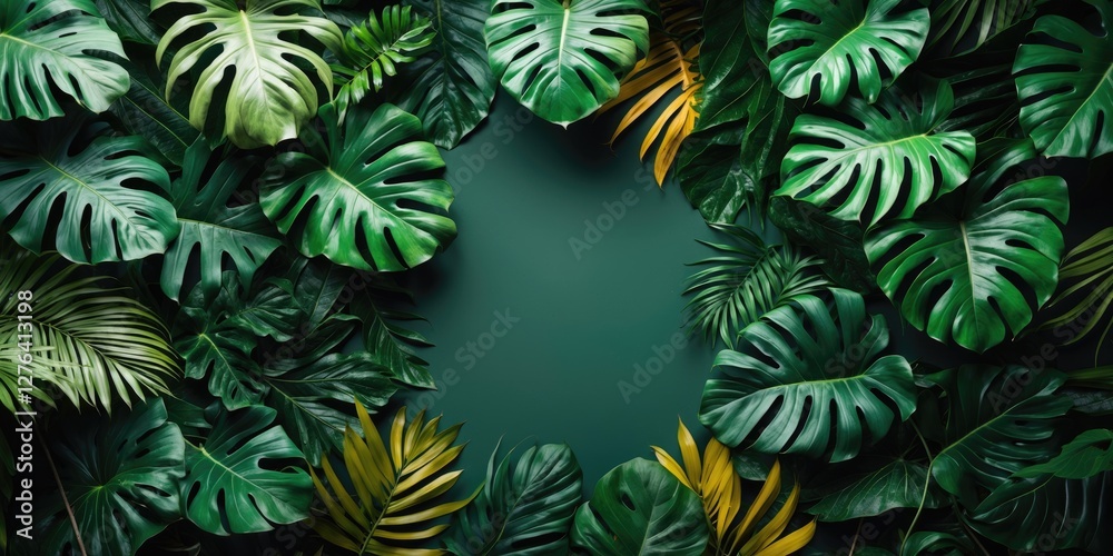 Tropical monstera leaves background with green color and vivid foliage framing a blank space for text or design elements. Tropical monstera leaves background with green color and vivid foliage framing a blank space for text or design elements.