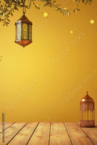 Ramadan Mubarak background with a polished wooden table in the foreground, adorned with a copper lantern and stars, set against a solid mustard yellow background, photorealistic