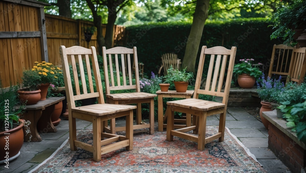 Wooden patio chairs arranged on a patterned rug surrounded by potted plants in a garden setting Wooden patio chairs arranged on a patterned rug surrounded by potted plants in a garden setting