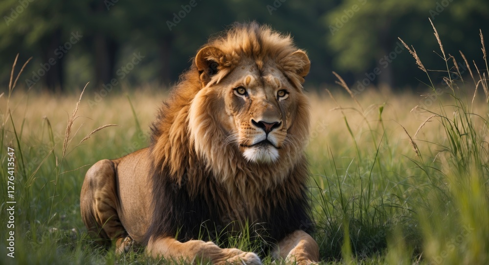 Adult lion resting in tall grass with a blurred forest background in natural sunlight Adult lion resting in tall grass with a blurred forest background in natural sunlight