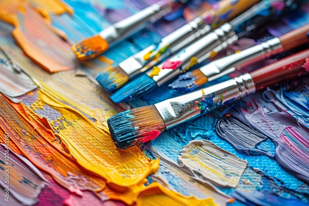 Fototapeta premium Wooden Art Palette with Colorful Paint Blobs and Paintbrushes on White Background