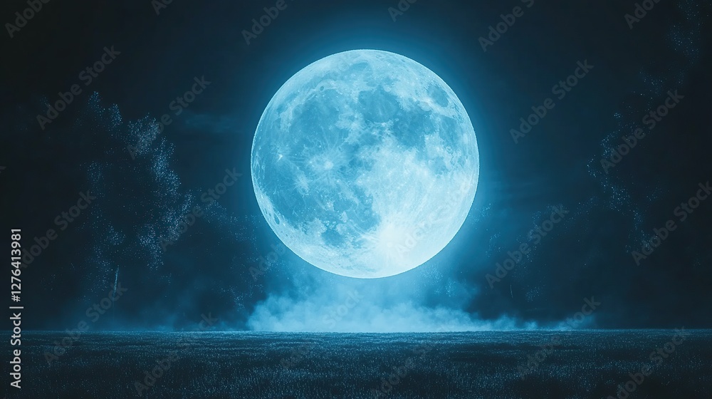 A serene night landscape featuring a large blue moon illuminating a foggy field surrounded by trees A serene night landscape featuring a large blue moon illuminating a foggy field surrounded by trees