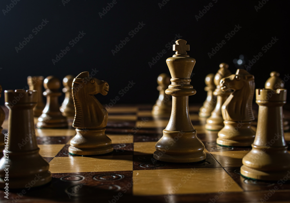 Close-Up of Wooden Chess Pieces on Board Close-Up of Wooden Chess Pieces on Board
