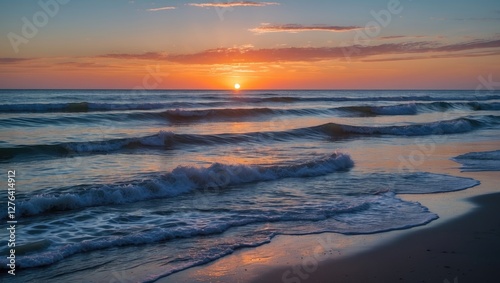 sunrise over ocean waves with calm water reflections and orange sky during dawn on a serene beach coastline