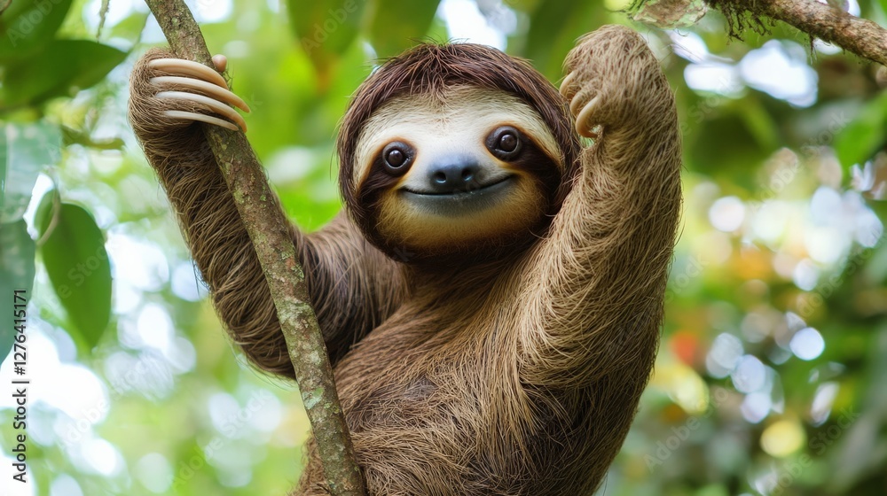 Fototapeta premium A sloth hanging from a tree branch, giving a thumbs-up with a slow, comedic smile.