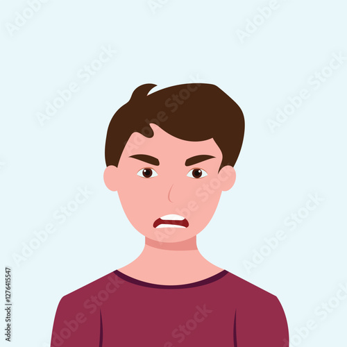 Angry frustrated young man screaming. Irritation, mad expression, frustration and negative emotion vector graphic illustration.