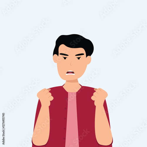 Angry frustrated young man screaming. Irritation, mad expression, frustration and negative emotion vector graphic illustration.