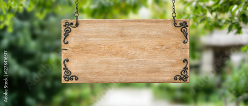 Blank wooden sign. Wooden signboard hanging in a lush green garden setting.