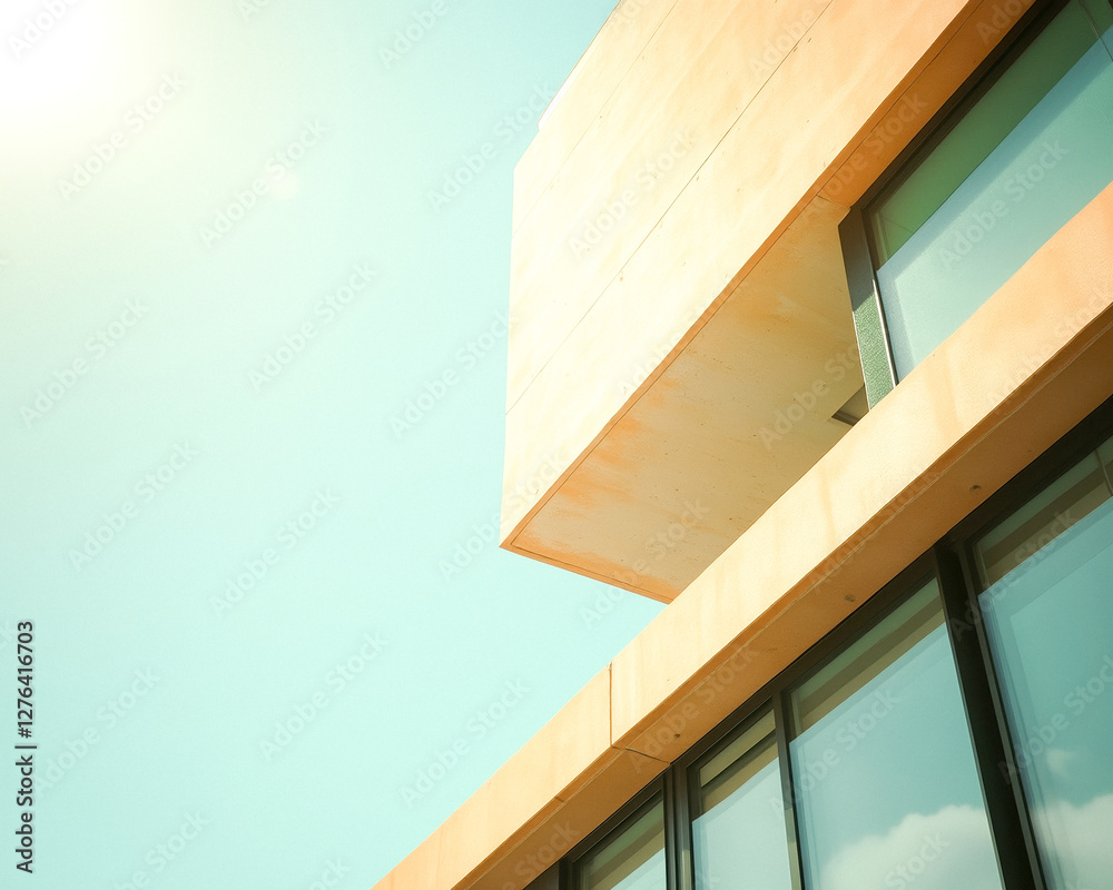 Fototapeta premium modern building exterior with glass windows and a sandy facade against a clear sky