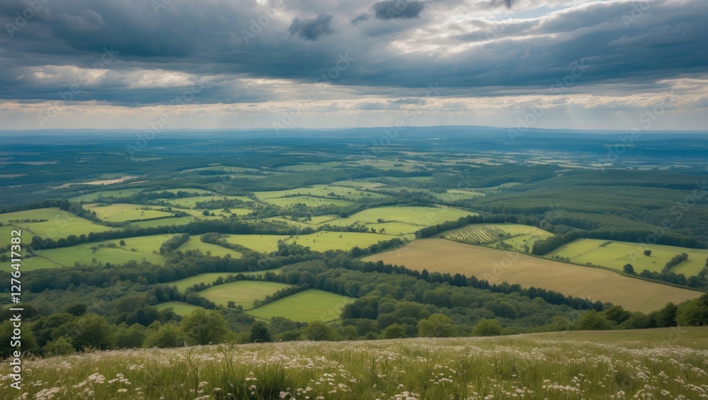 Aerial view of lush green farmland fields with patchwork patterns under a cloudy sky in a rural landscape. Aerial view of lush green farmland fields with patchwork patterns under a cloudy sky in a rural landscape.