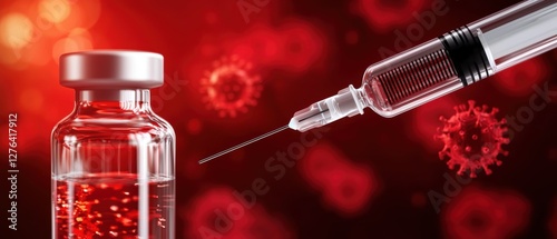 Close-up view of a syringe preparing to inject a vaccine from a glass vial. The background features a vibrant abstract red design, symbolizing health and medicine. photo