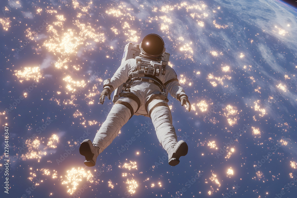 Fototapeta premium Astronaut on a spacewalk with Earth's glowing blue atmosphere and starry background