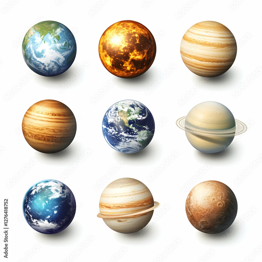 Set of planets in the solar system on a white background with high resolution and clarity Set of planets in the solar system on a white background with high resolution and clarity