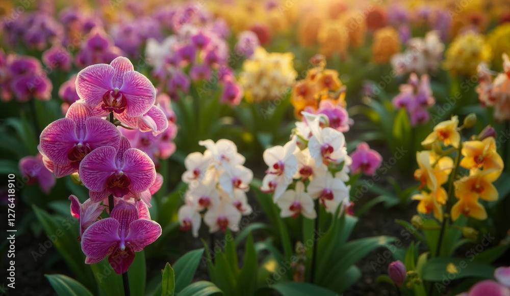 a field of purple and white orchids with the sun setting in the background a field of purple and white orchids with the sun setting in the background