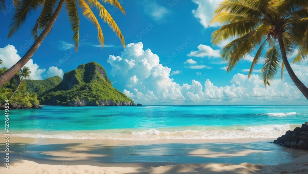 Fototapeta premium Tropical beach with palm trees and clear turquoise water under a blue sky with white clouds and a distant green island.