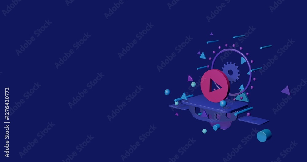 Fototapeta premium Pink play symbol on a pedestal of abstract geometric shapes floating in the air. Abstract concept art with flying shapes on the right. 3d illustration on indigo background