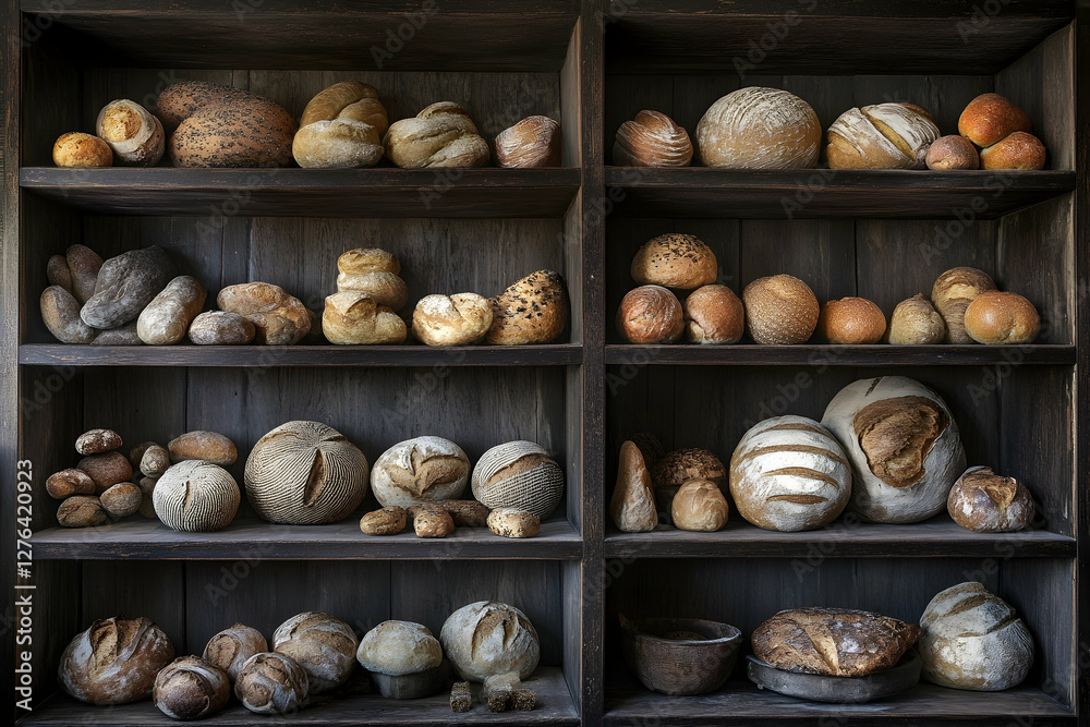 Variety of Artisanal Breads Displayed on Wooden Shelves in Rustic Setting Variety of Artisanal Breads Displayed on Wooden Shelves in Rustic Setting