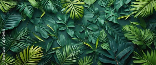 Green tropical foliage background with various types of leaves including palm and broadleaf arranged in a flat layout. photo