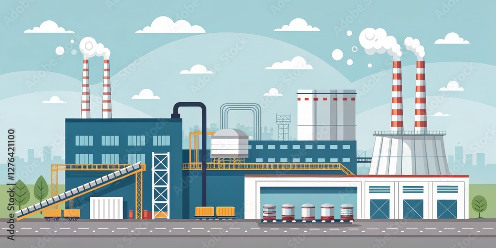 Obraz premium Flat Industrial Complex Illustration Factory, Pollution, Production, , Graphic Design Factory, Industry