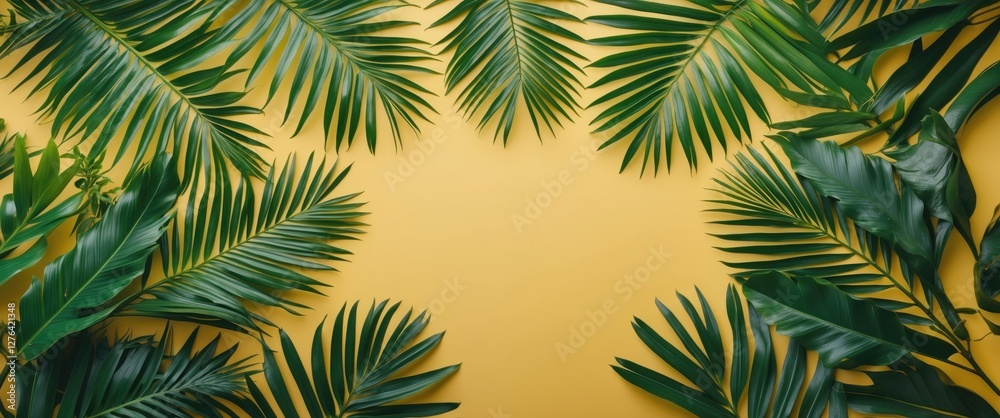 Tropical green palm leaves arranged on a vibrant yellow background flat lay composition Tropical green palm leaves arranged on a vibrant yellow background flat lay composition