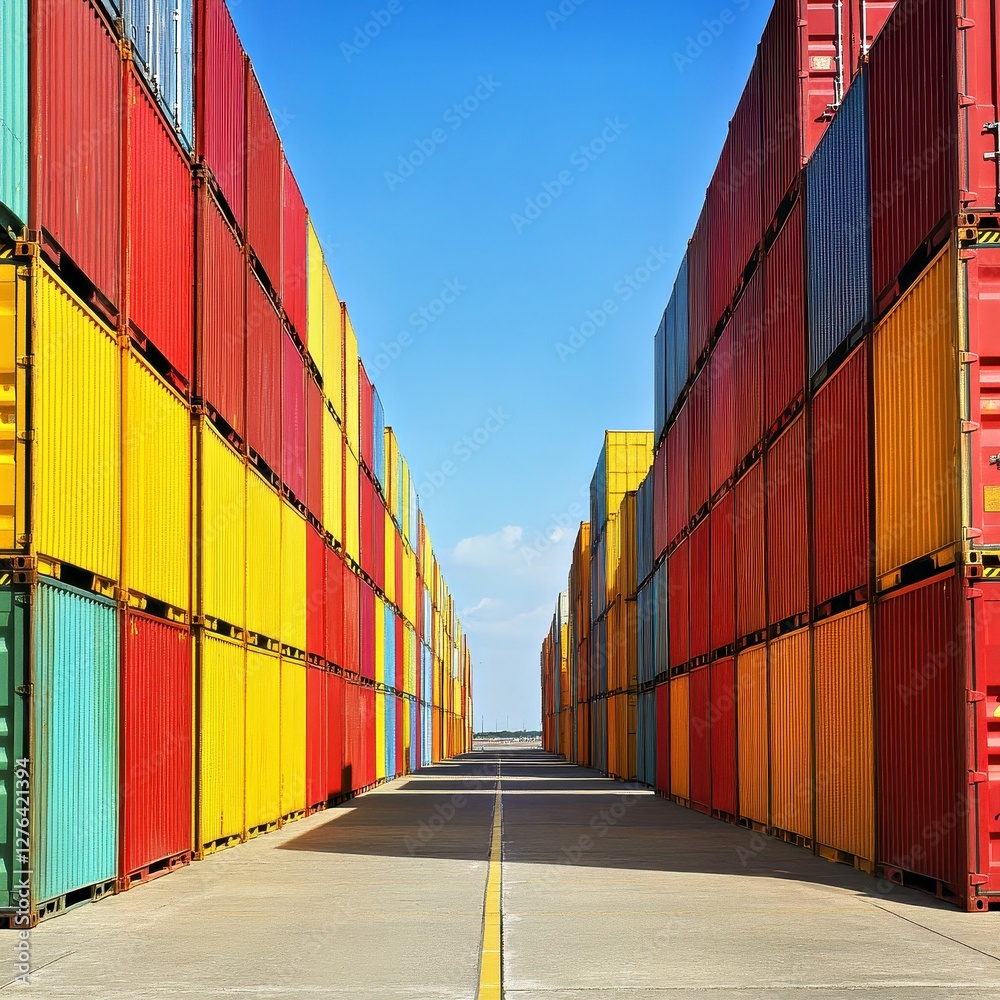 Fototapeta premium Colorful Shipping Containers Stacked at Port Terminal Under Blue Sky