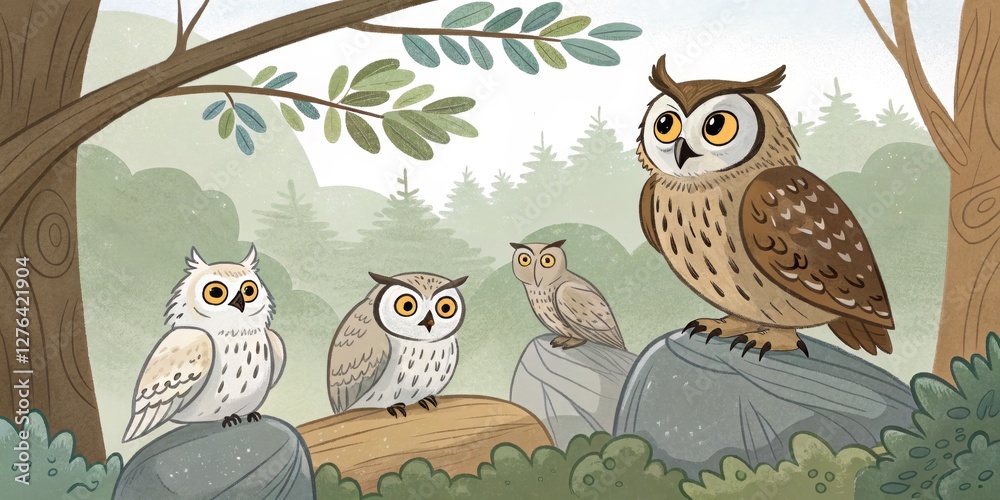 Obraz premium Forest Owls Digital Illustration, Four Owls on Rocks, Nature Scene, Owl Family, Wildlife Art Owl illustration, digital painting
