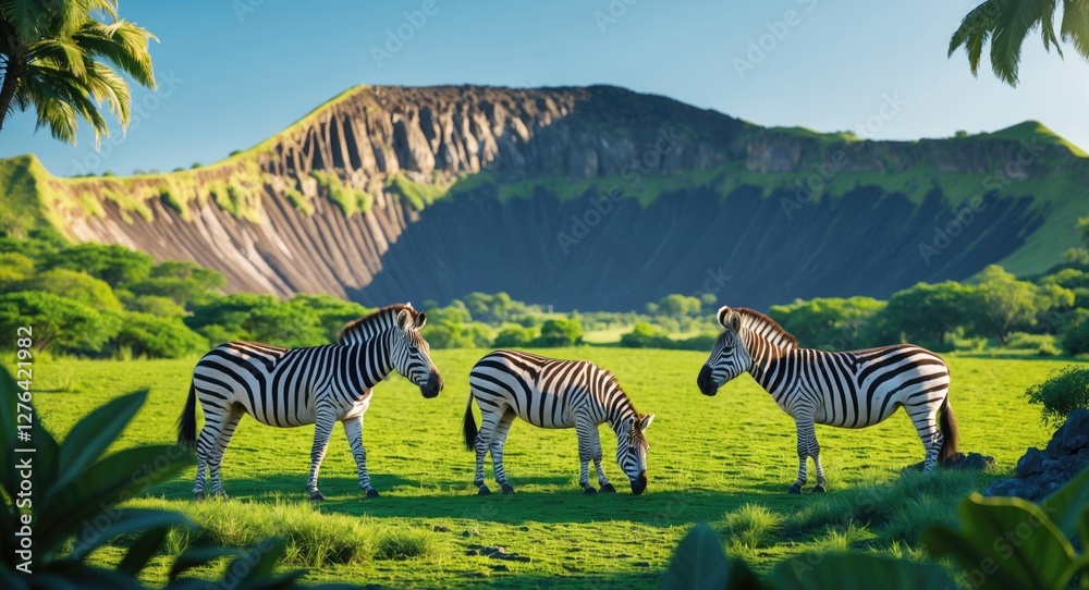 Naklejka premium Zebras grazing in a lush green landscape with a volcanic hill in the background under clear blue sky