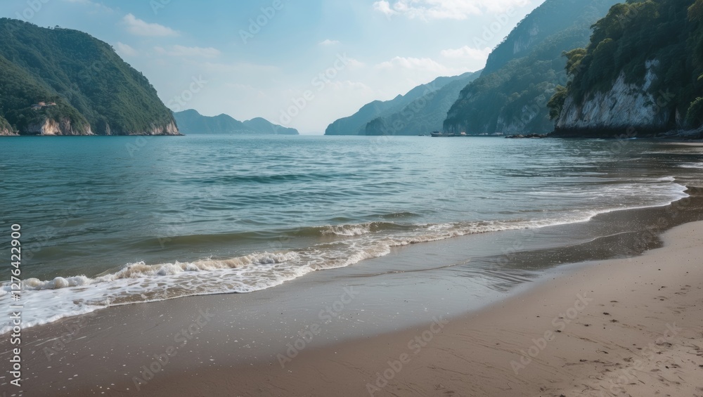 Coastal landscape with tranquil sea, sandy shore, distant mountains and calm sky reflecting peaceful nature scene. Coastal landscape with tranquil sea, sandy shore, distant mountains and calm sky reflecting peaceful nature scene.