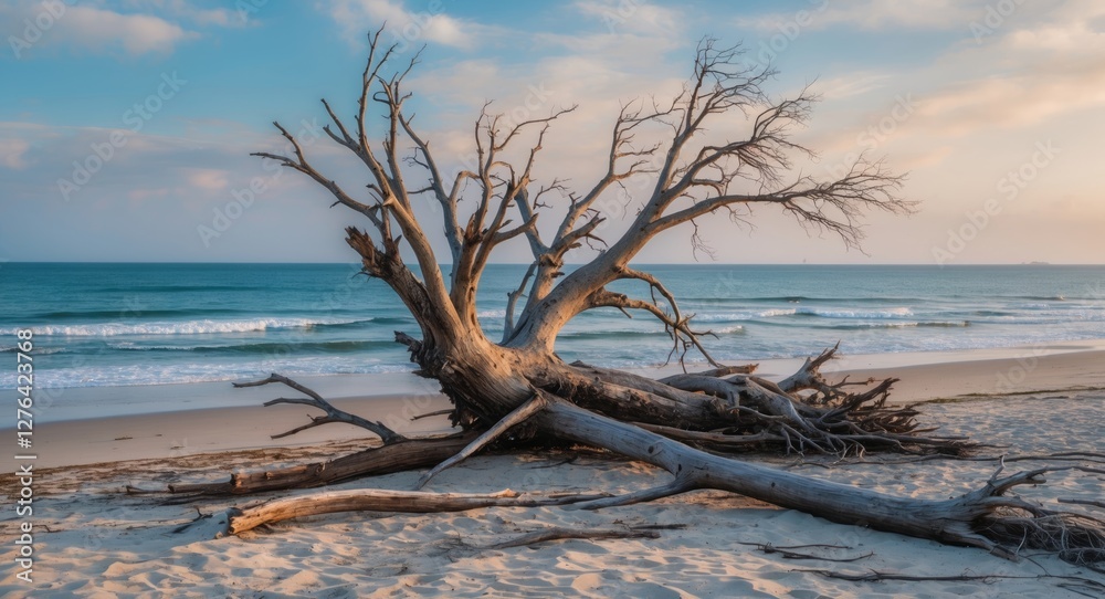 Dry tree on sandy beach with waves in background under cloudy sky during sunset light. Dry tree on sandy beach with waves in background under cloudy sky during sunset light.