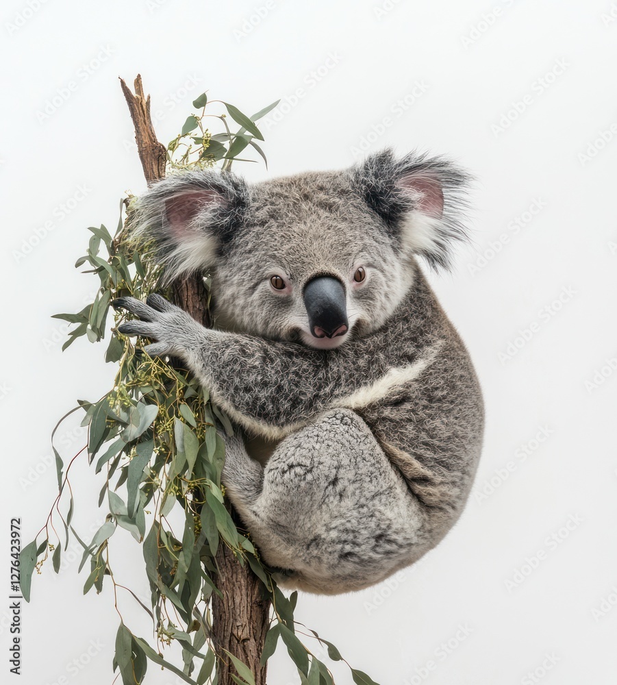 Obraz premium Koala perched on eucalyptus branch, wildlife sanctuary, calm background, nature stock photo