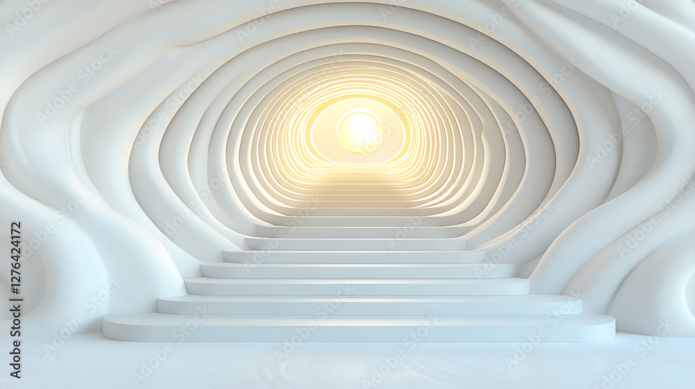 Obraz premium Ethereal staircase illuminated by light in a serene and abstract tunnel with organic curves and soft lighting effect