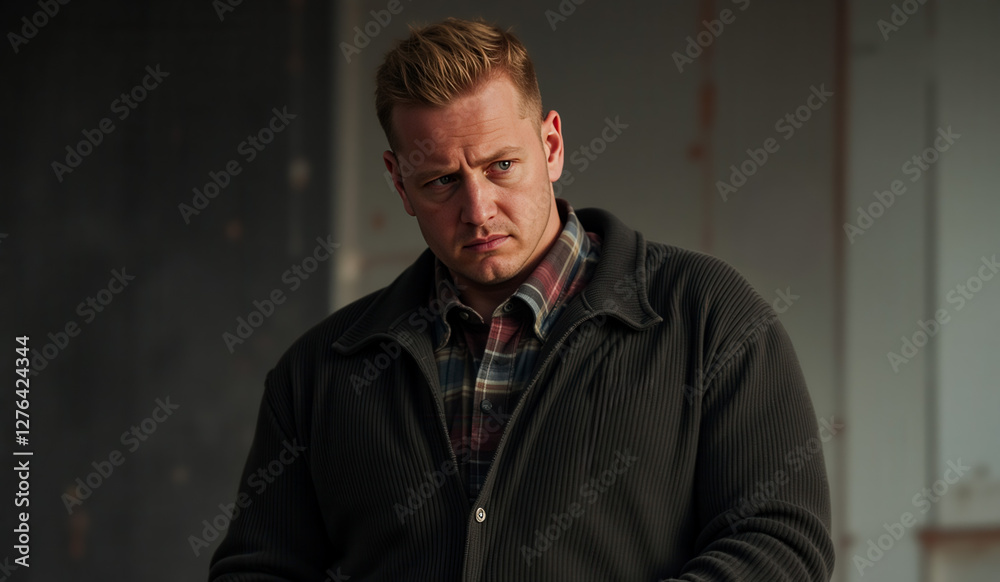 Fototapeta premium a man in a black coat standing next to a table with a plate of food on it