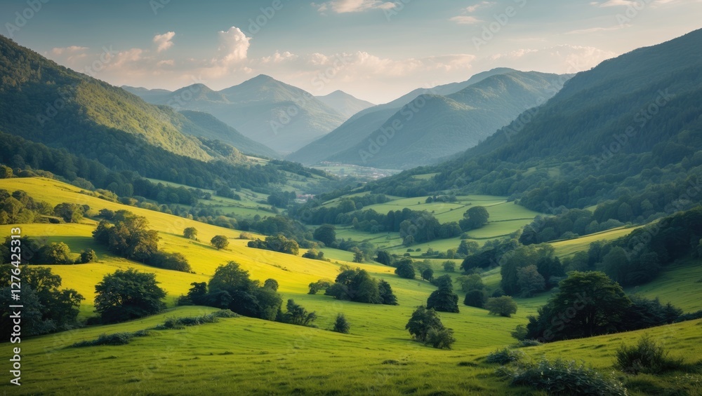 Obraz premium Mountain landscape with green valleys and rolling hills under a partly cloudy sky during golden hour lighting