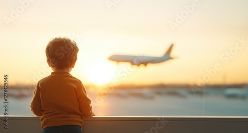 child gazes at departing airplane against stunning sunset backdr